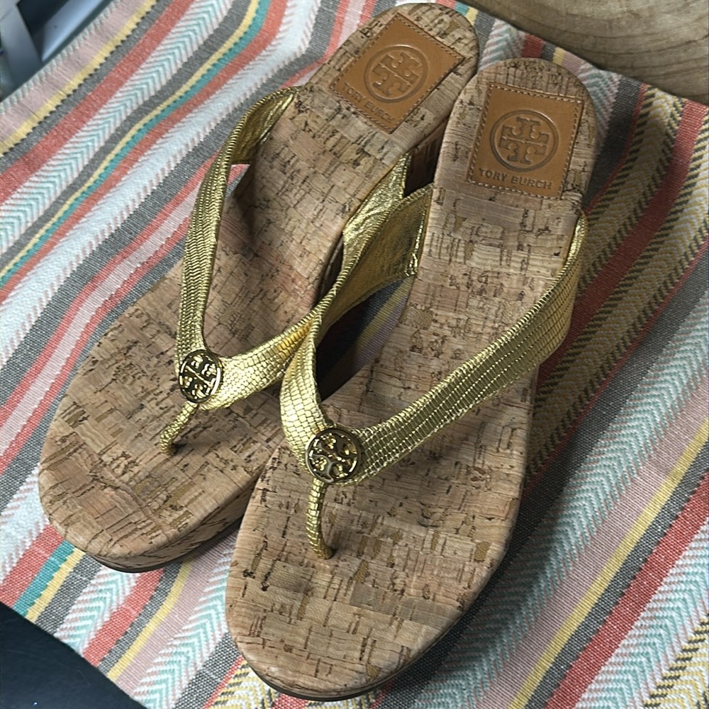 Tory Burch Suzy Gold Cork Wedge Sandals Size 9